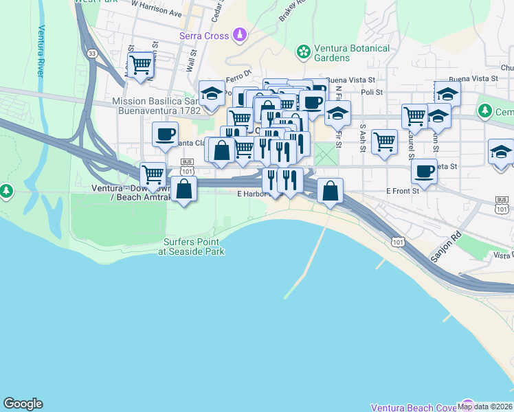 map of restaurants, bars, coffee shops, grocery stores, and more near 350 Paseo De Playa in Ventura