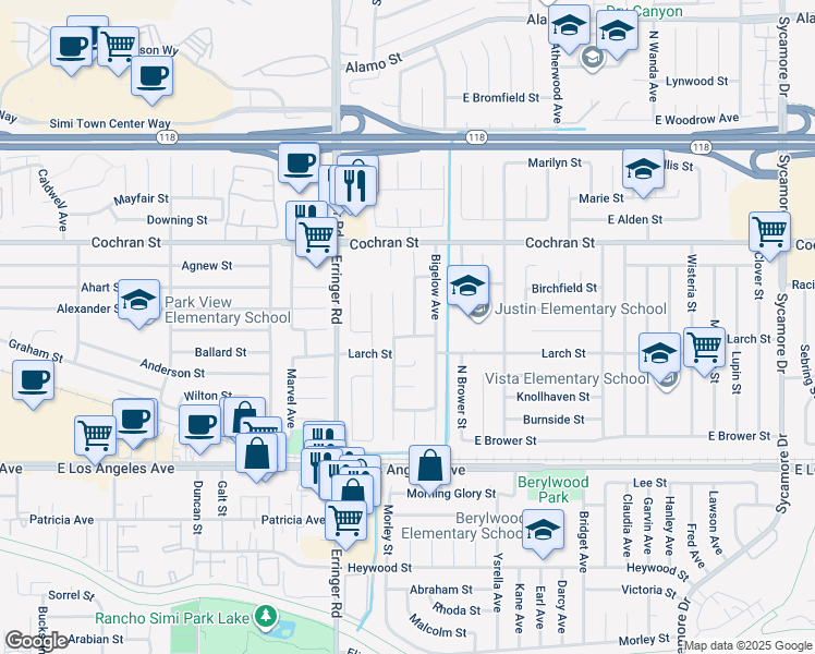 map of restaurants, bars, coffee shops, grocery stores, and more near 2239 McDonald Street in Simi Valley