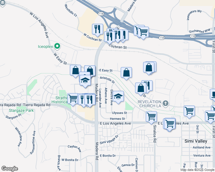 map of restaurants, bars, coffee shops, grocery stores, and more near 2260 Athens Avenue in Simi Valley