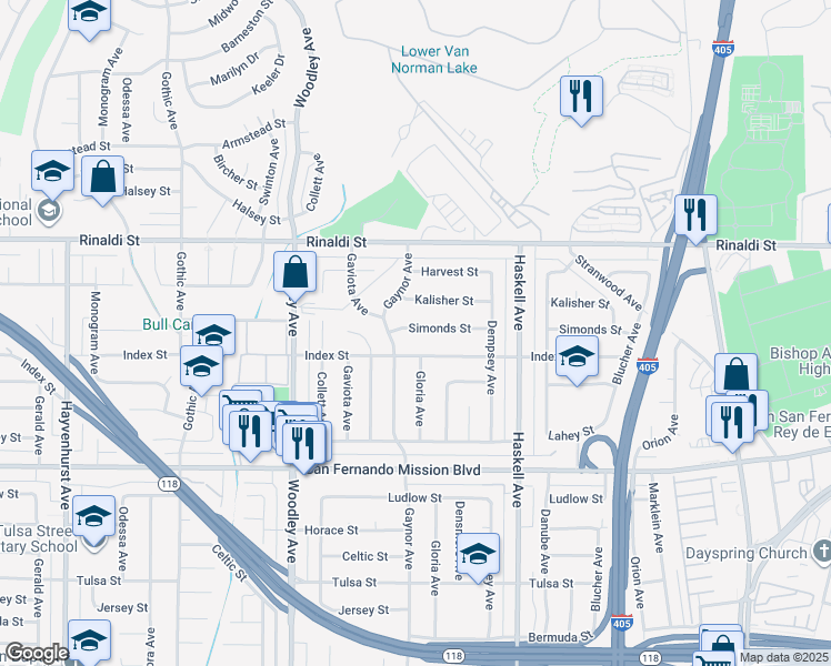 map of restaurants, bars, coffee shops, grocery stores, and more near 15952 Simonds Street in Los Angeles