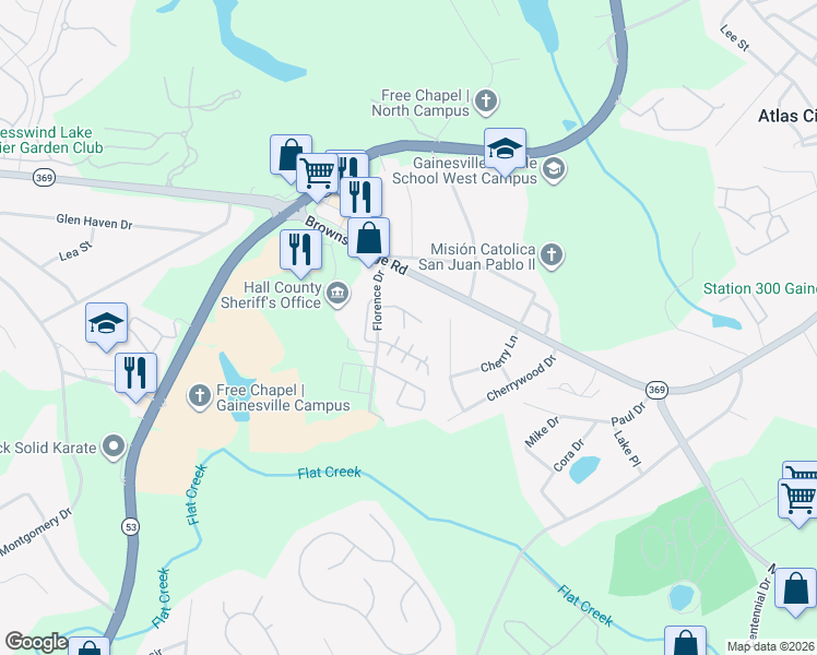map of restaurants, bars, coffee shops, grocery stores, and more near 2857 Fox Bridge Court in Gainesville