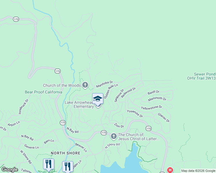 map of restaurants, bars, coffee shops, grocery stores, and more near 28637 Manitoba Drive in Lake Arrowhead