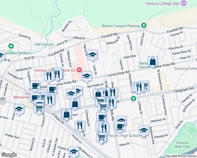 map of restaurants, bars, coffee shops, grocery stores, and more near 203 Lynn Drive in Ventura