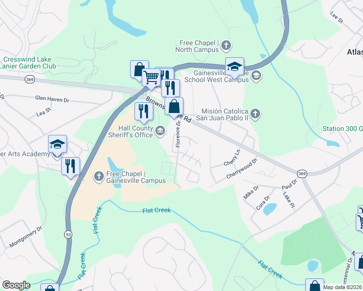 map of restaurants, bars, coffee shops, grocery stores, and more near 2817 Florence Drive in Gainesville