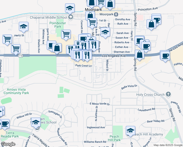 map of restaurants, bars, coffee shops, grocery stores, and more near 4759 Moorpark Avenue in Moorpark