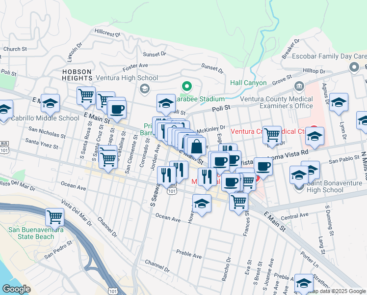 map of restaurants, bars, coffee shops, grocery stores, and more near 2377 East Main Street in Ventura
