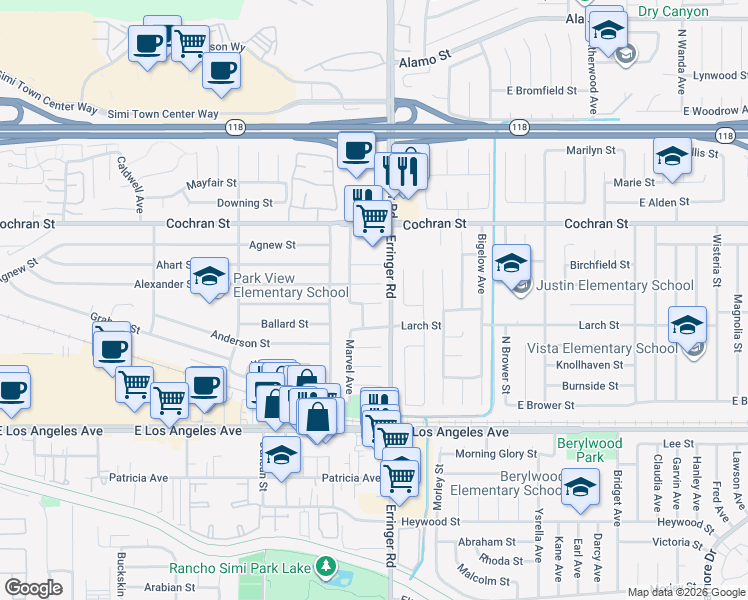 map of restaurants, bars, coffee shops, grocery stores, and more near 1843 Denham Court in Simi Valley