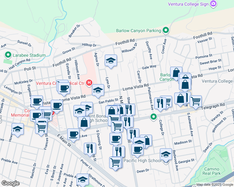map of restaurants, bars, coffee shops, grocery stores, and more near 176 North Mills Road in Ventura