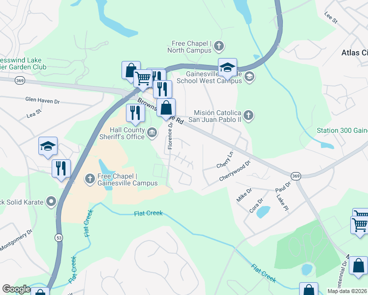 map of restaurants, bars, coffee shops, grocery stores, and more near 2857 Fox Bridge Court in Gainesville