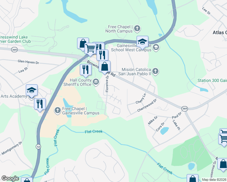 map of restaurants, bars, coffee shops, grocery stores, and more near 2870 Fox Wood Lane in Gainesville
