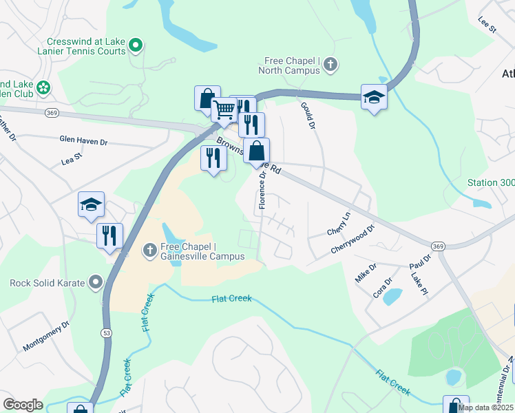 map of restaurants, bars, coffee shops, grocery stores, and more near 2827 Florence Drive in Gainesville