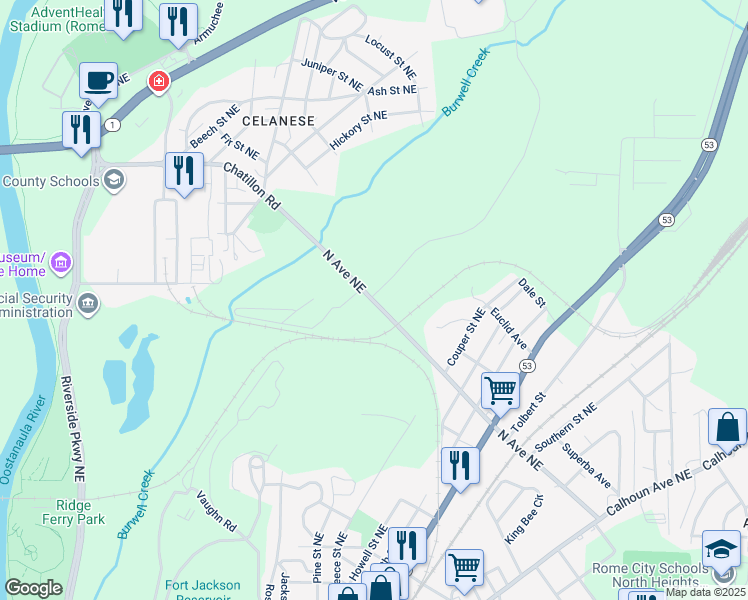 map of restaurants, bars, coffee shops, grocery stores, and more near Wolf Drive in Rome