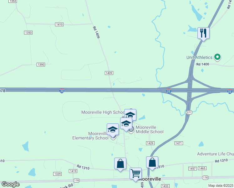 map of restaurants, bars, coffee shops, grocery stores, and more near 920 Road 1409 in Mooreville