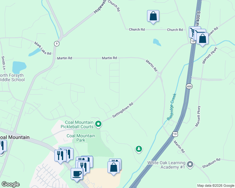 map of restaurants, bars, coffee shops, grocery stores, and more near 3985 Cordova Lane in Cumming