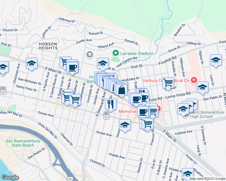 map of restaurants, bars, coffee shops, grocery stores, and more near 2377 East Main Street in Ventura