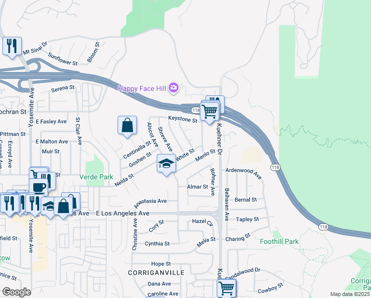 map of restaurants, bars, coffee shops, grocery stores, and more near 2218 Jonesboro Avenue in Simi Valley