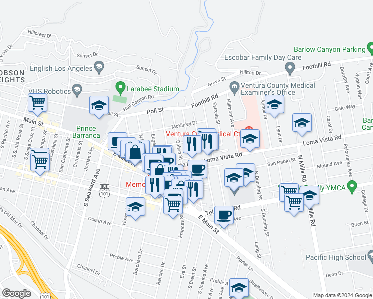 map of restaurants, bars, coffee shops, grocery stores, and more near 249 North Brent Street in Ventura