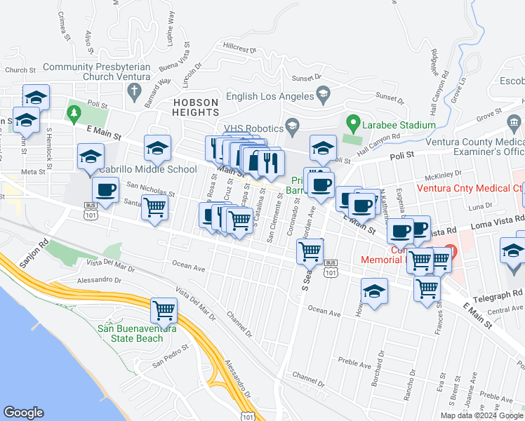 map of restaurants, bars, coffee shops, grocery stores, and more near 110 South Catalina Street in Ventura