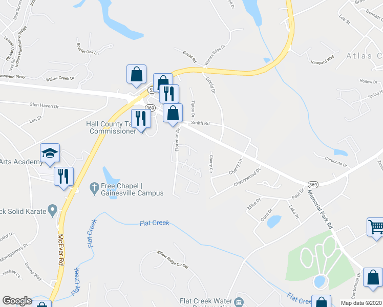 map of restaurants, bars, coffee shops, grocery stores, and more near 2861 Fox Bridge Court in Gainesville