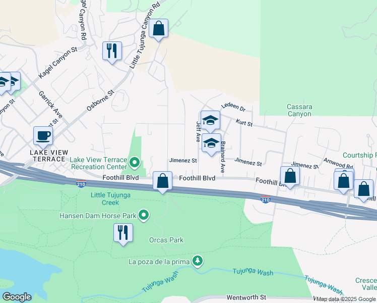 map of restaurants, bars, coffee shops, grocery stores, and more near 11360 Ruggiero Avenue in Los Angeles