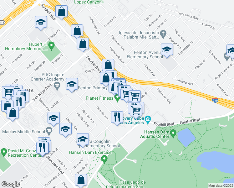 map of restaurants, bars, coffee shops, grocery stores, and more near 11996 Foothill Boulevard in Los Angeles