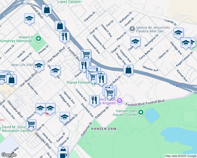 map of restaurants, bars, coffee shops, grocery stores, and more near 11973 Foothill Boulevard in Los Angeles