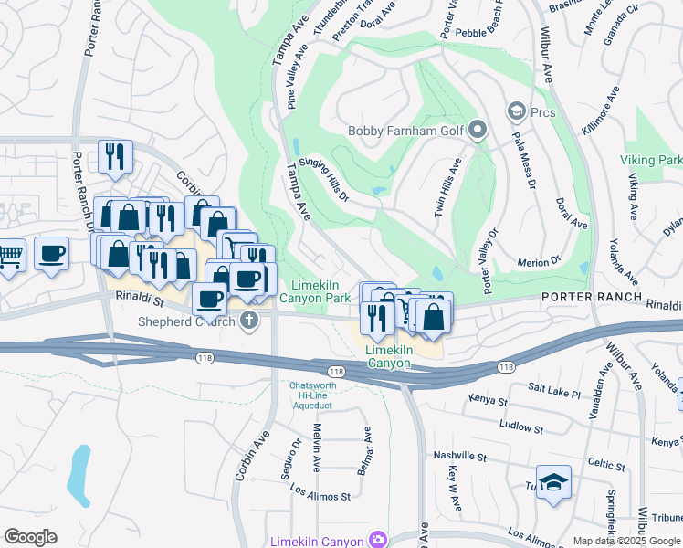 map of restaurants, bars, coffee shops, grocery stores, and more near 11311 Tampa Avenue in Los Angeles