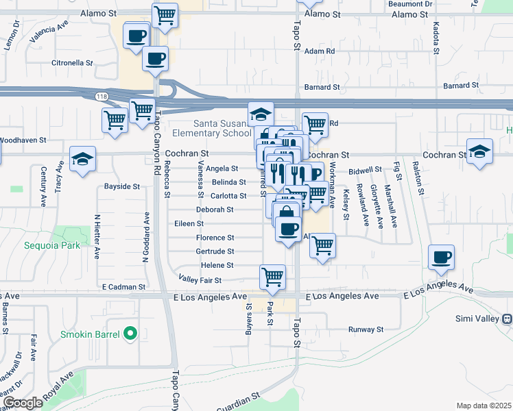 map of restaurants, bars, coffee shops, grocery stores, and more near 4275 Deborah Street in Simi Valley