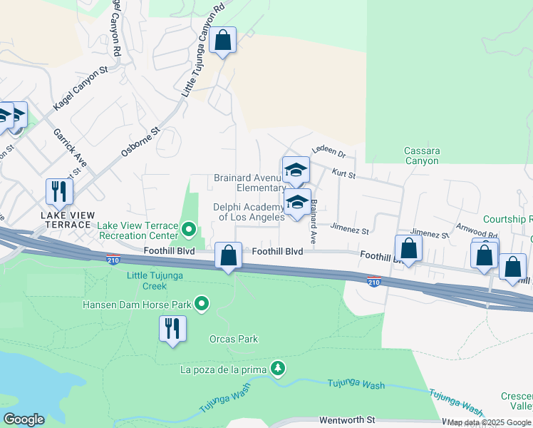 map of restaurants, bars, coffee shops, grocery stores, and more near 11360 Ruggiero Avenue in Los Angeles