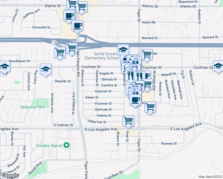 map of restaurants, bars, coffee shops, grocery stores, and more near 4193 Deborah Street in Simi Valley