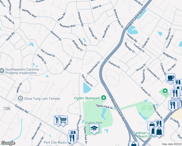 map of restaurants, bars, coffee shops, grocery stores, and more near 7078 Copperfield Court in Wilmington