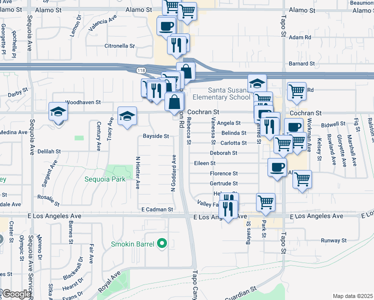 map of restaurants, bars, coffee shops, grocery stores, and more near 2243 Rebecca Street in Simi Valley