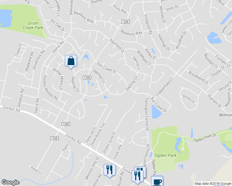 map of restaurants, bars, coffee shops, grocery stores, and more near 2611 Sapling Circle in Wilmington