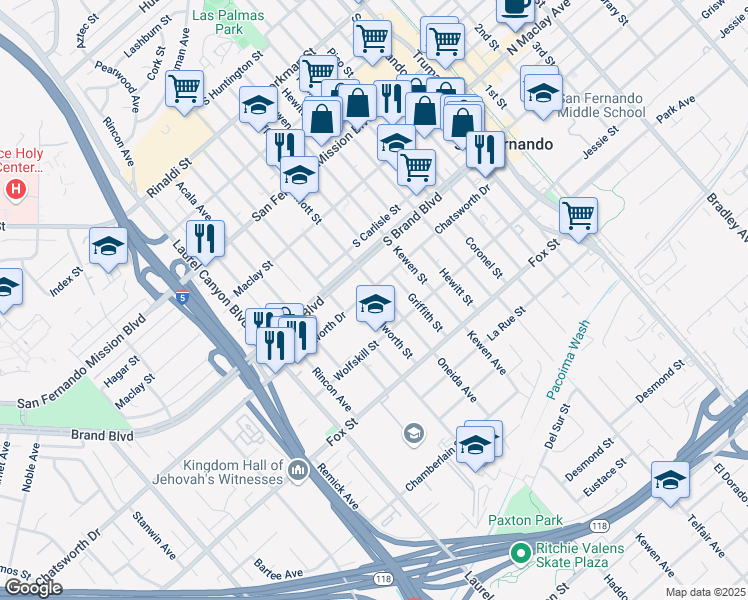 map of restaurants, bars, coffee shops, grocery stores, and more near 732 Mott Street in San Fernando