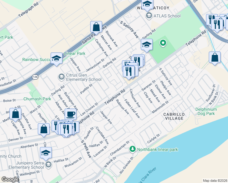 map of restaurants, bars, coffee shops, grocery stores, and more near 10101 Telephone Road in Ventura