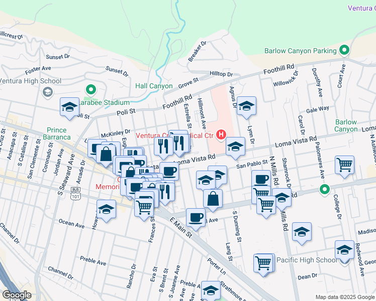 map of restaurants, bars, coffee shops, grocery stores, and more near 3012 Luna Drive in Ventura