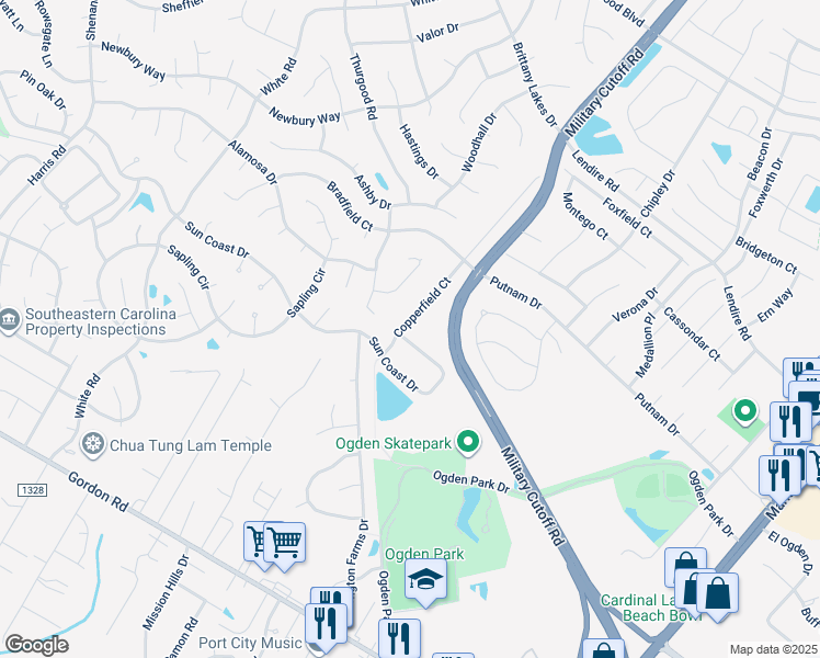 map of restaurants, bars, coffee shops, grocery stores, and more near 7078 Copperfield Court in Wilmington