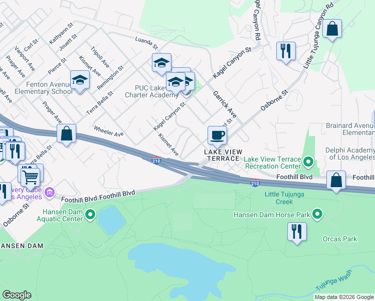map of restaurants, bars, coffee shops, grocery stores, and more near 11465 Sunburst Street in Los Angeles