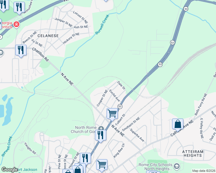 map of restaurants, bars, coffee shops, grocery stores, and more near 301 Couper Street Northeast in Rome