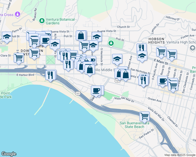 map of restaurants, bars, coffee shops, grocery stores, and more near 1160 East Thompson Boulevard in Ventura