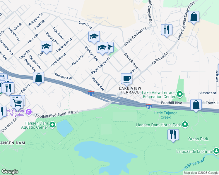 map of restaurants, bars, coffee shops, grocery stores, and more near 11465 Sunburst Street in Los Angeles