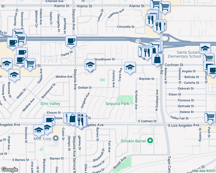 map of restaurants, bars, coffee shops, grocery stores, and more near 3673 Delilah Street in Simi Valley