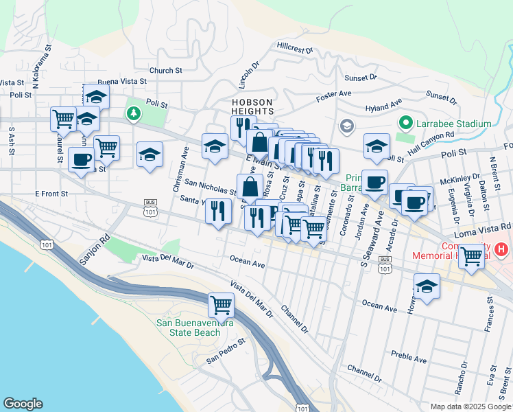 map of restaurants, bars, coffee shops, grocery stores, and more near 156 South Santa Rosa Street in Ventura