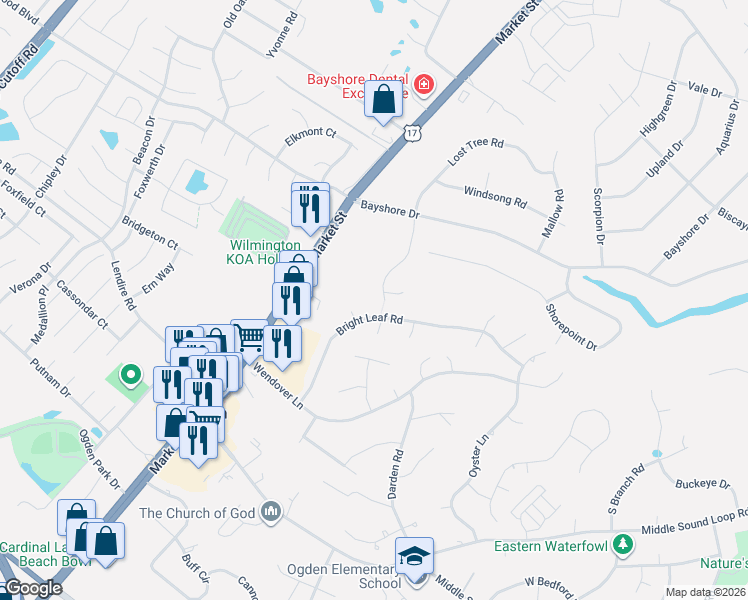 map of restaurants, bars, coffee shops, grocery stores, and more near 7401 Thais Trail in Wilmington