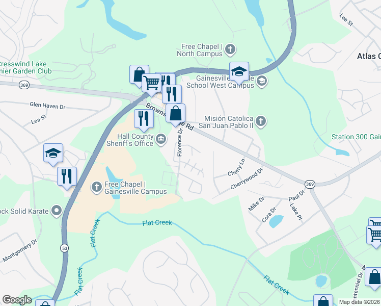 map of restaurants, bars, coffee shops, grocery stores, and more near 2858 Fox Bridge Court in Gainesville