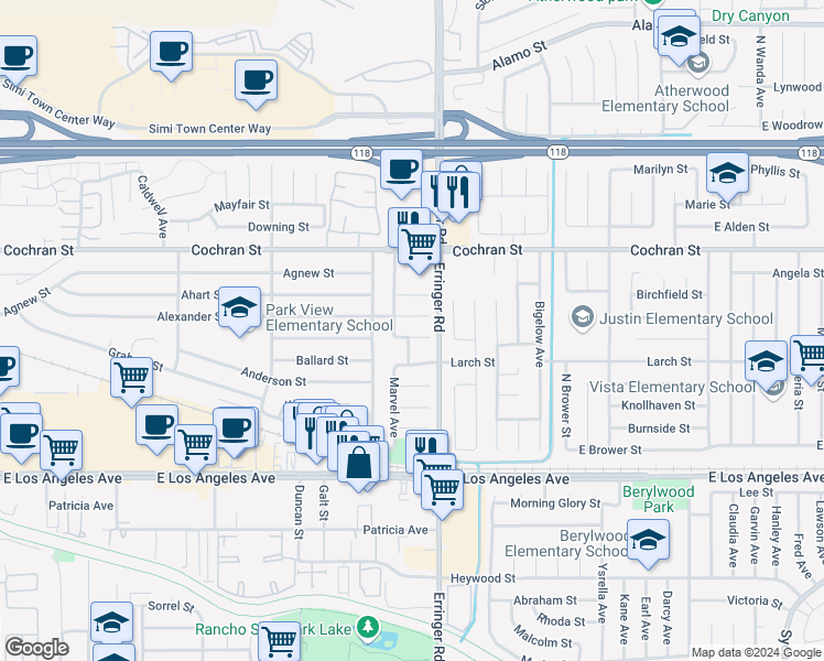 map of restaurants, bars, coffee shops, grocery stores, and more near 1843 Denham Court in Simi Valley