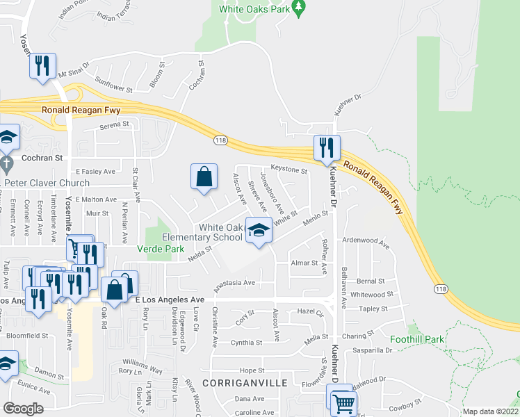 map of restaurants, bars, coffee shops, grocery stores, and more near 2259 Shreve Avenue in Simi Valley