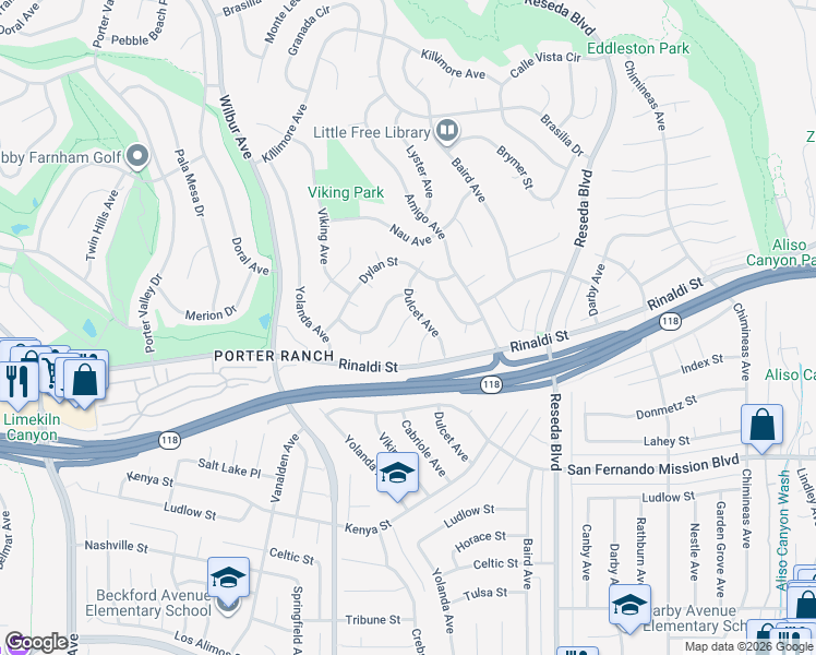 map of restaurants, bars, coffee shops, grocery stores, and more near 18754 Algiers Street in Los Angeles