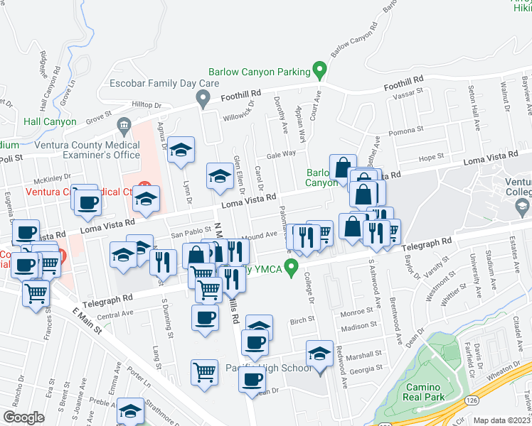 map of restaurants, bars, coffee shops, grocery stores, and more near 3715 Paloma Drive in Ventura