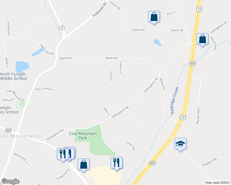 map of restaurants, bars, coffee shops, grocery stores, and more near 4025 Huron Drive in Cumming